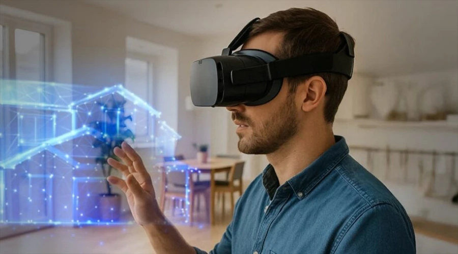 Man wearing a VR headset in a denim shirt, reaching toward a blue holographic 3D house model in a bright living space.