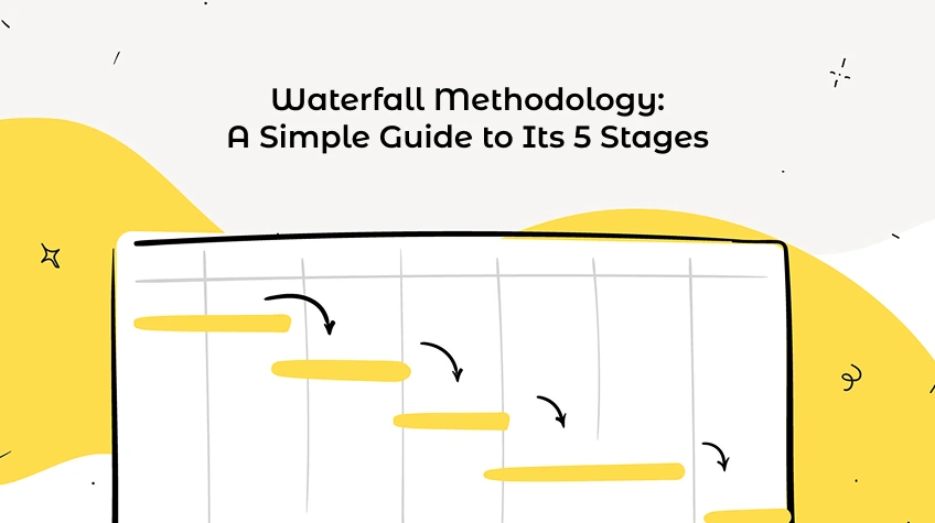 A title graphic for Waterfall Methodology featuring a yellow staircase diagram showing a sequential project management flow.