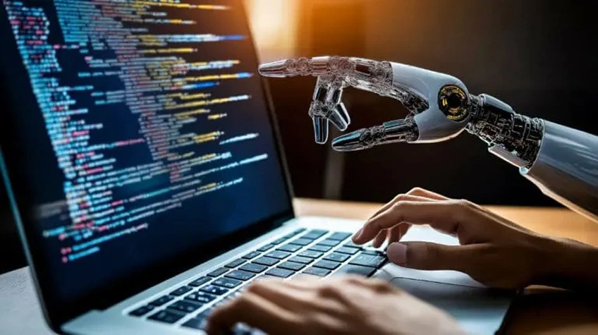 What Are AI Coding Assistants Transforming Modern Software Development - WeeTech Solution Pvt Ltd A robotic hand pointing at a laptop screen while a person types.