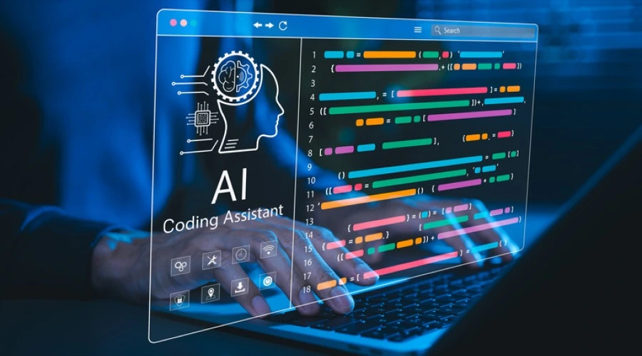 What Are AI Coding Assistants - WeeTech Solution Pvt Ltd Hands typing on a laptop behind a glowing "AI Coding Assistant" interface overlay.