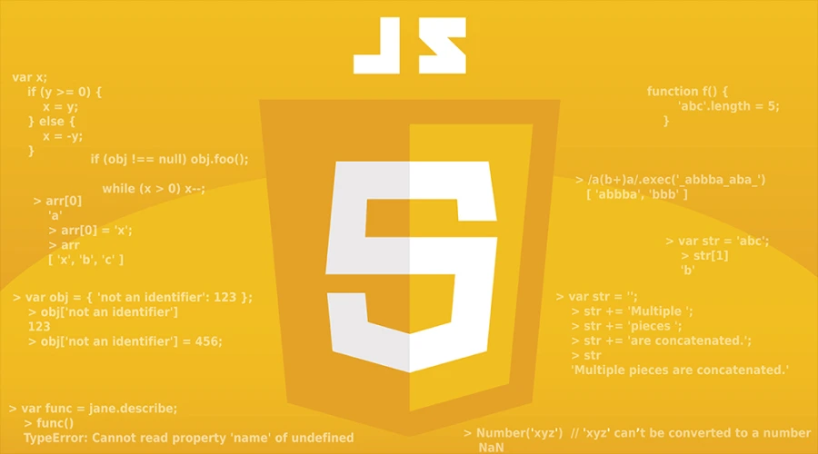 A yellow graphic featuring a shield logo with a "5", the letters "JS", and faded white JavaScript code snippets in the background.