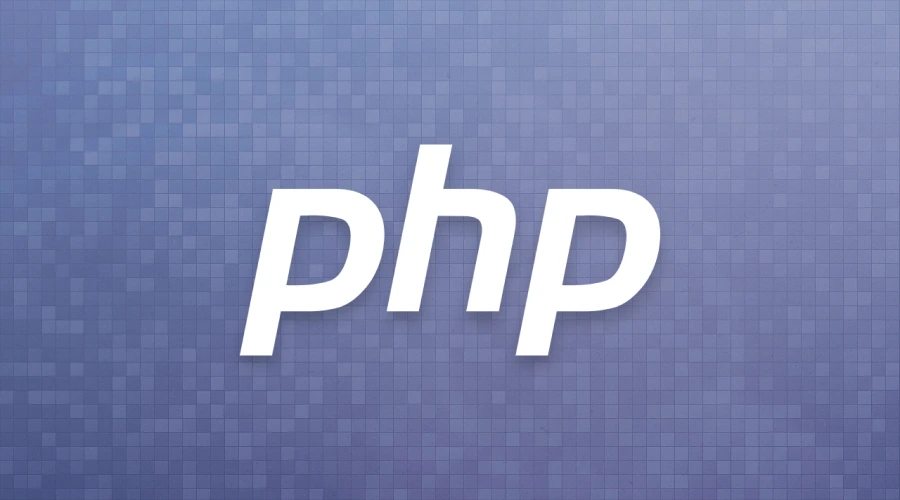 The white, italicized PHP logo centered on a blue, slightly pixelated grid background.