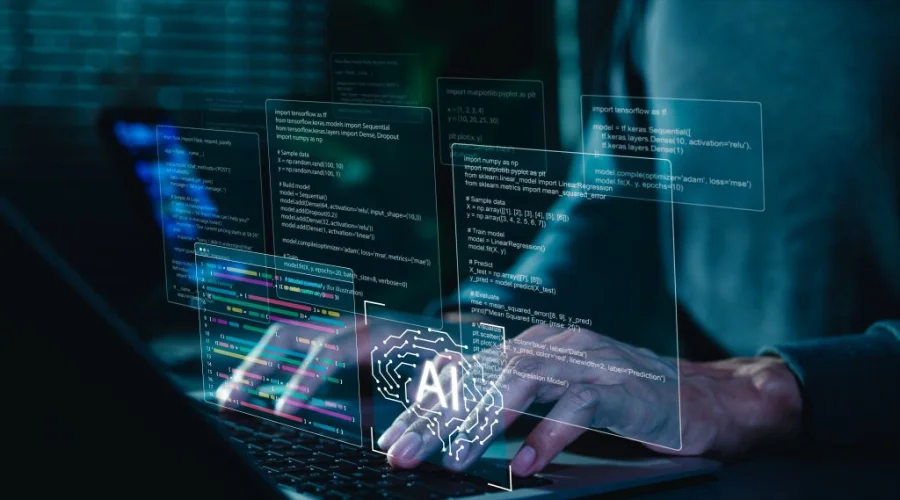 What are the benefits of using generative AI for code_ - WeeTech Solution Pvt Ltd Hands typing on a laptop keyboard with floating holographic overlays displaying Python code snippets and a glowing AI brain icon.