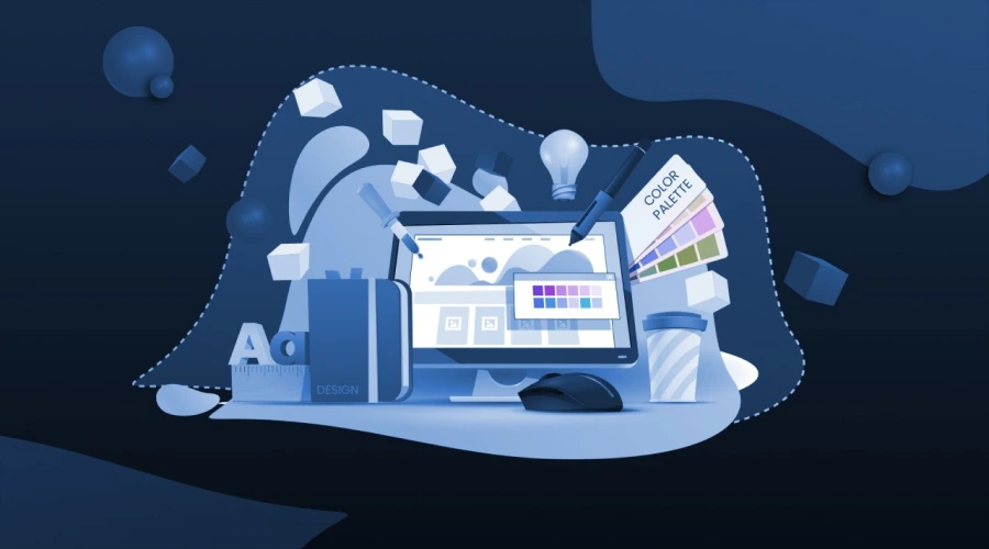Illustration of a chaotic digital workspace with floating design tools, a color palette, and a wireframe on a computer screen.
