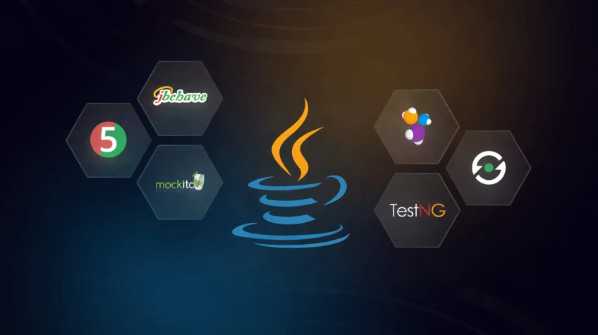 10 Java Testing Frameworks for Faster and Reliable QA - WeeTech Solution Pvt Ltd A digital graphic featuring a central blue Java coffee cup logo surrounded by floating hexagonal tiles that display various software testing framework icons.