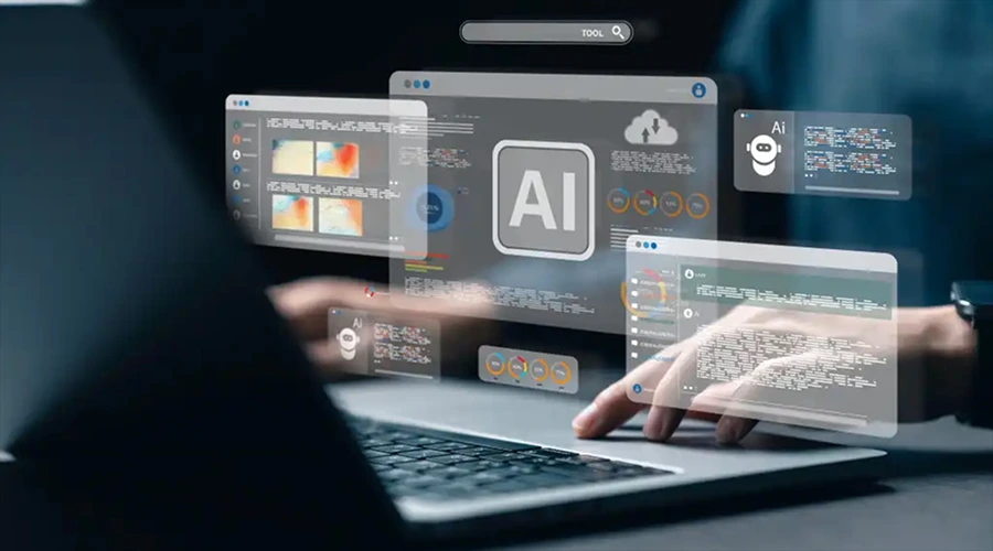 AI Co-Pilots Are Transforming Software Development - WeeTech Solution Pvt Ltd A close-up of a developer typing on a laptop with translucent, floating interface windows displaying graphs, data, and an AI robot icon.