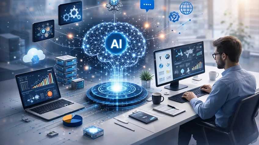 An IT professional working at a desk with dual monitors displaying data analytics charts, next to a large glowing digital neural brain hologram labeled AI.