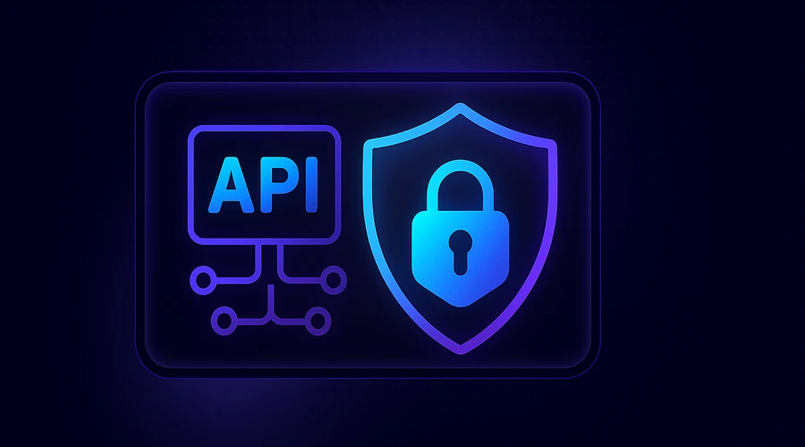 Neon graphic of an API connection node next to a protective shield containing a padlock.