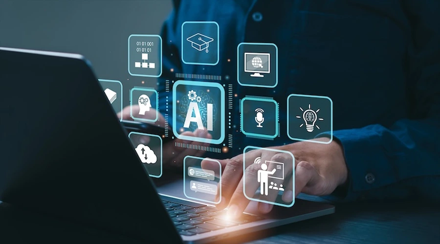 Accelerating Learning for Developers - WeeTech Solution Pvt Ltd A person typing on a laptop with glowing, floating blue icons representing an AI brain, a graduation cap, a lightbulb, and global connectivity.