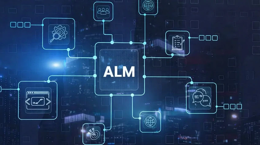 Application Lifecycle Management ALM A Complete Guide for Mod - WeeTech Solution Pvt Ltd A futuristic digital network diagram with the acronym "ALM" at the center, connected by lines to various process and management icons.