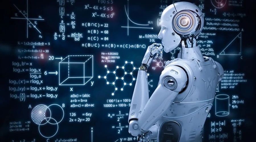 A sleek white humanoid robot in a thoughtful pose, surrounded by glowing mathematical equations, formulas, and geometric shapes on a dark background.