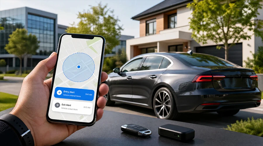 Car Provides Geo-Fencing Notifications - WeeTech Solution Pvt Ltd A hand holding a smartphone displaying circular geofence boundary map graphics and push notification alerts next to a parked car.
