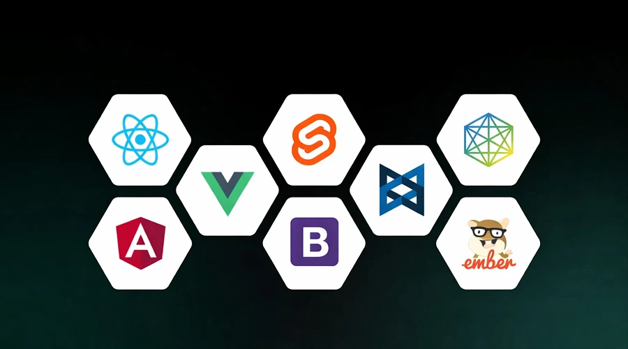 A cluster of white hexagonal tiles displaying various modern software and web framework logos.