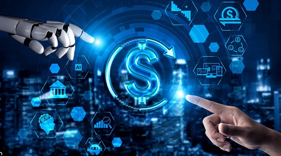 A human hand and a robotic hand pointing from opposite sides toward a central, glowing neon blue dollar sign icon surrounded by tech graphics.