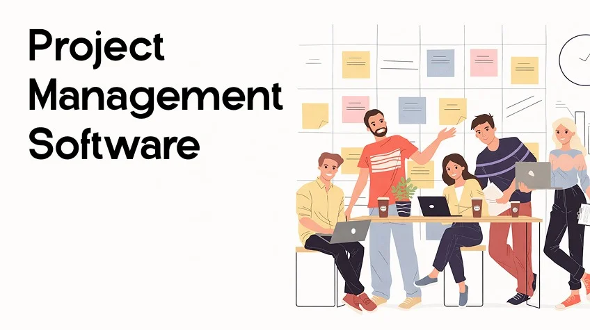 Cover 14 - WeeTech Solution Pvt Ltd A banner with a dark blue textured background that reads "Project Management Software" in large white text, with five white square app icons below for Asana, Trello, monday.com, Jira, and ClickUp.