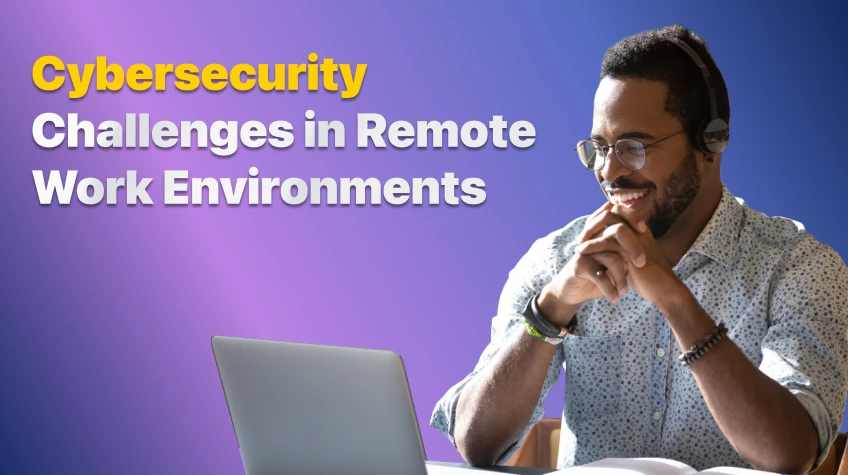 Cybersecurity Challenges in Remote Work Environments - WeeTech Solution Pvt Ltd A smiling man wearing a headset sitting at a desk and working on a laptop against a blue and purple gradient background.