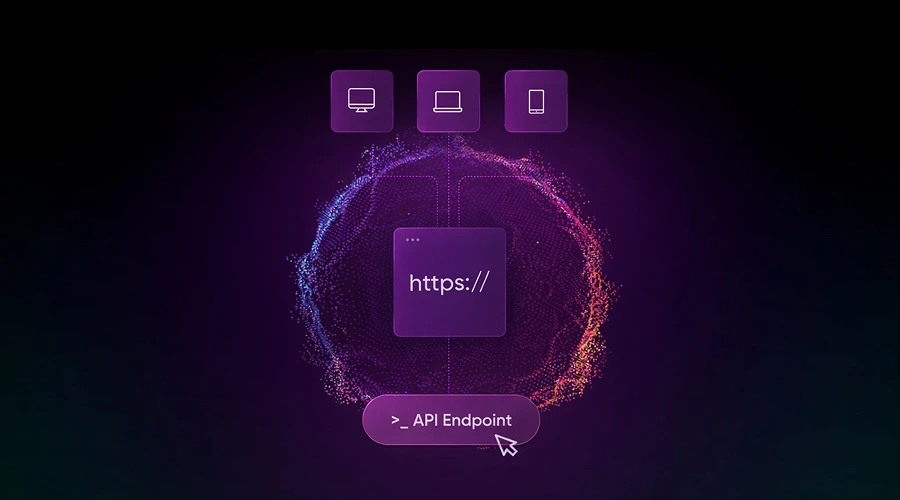 Digital display showing device icons, an "https://" window, and a clickable button labeled "API Endpoint".
