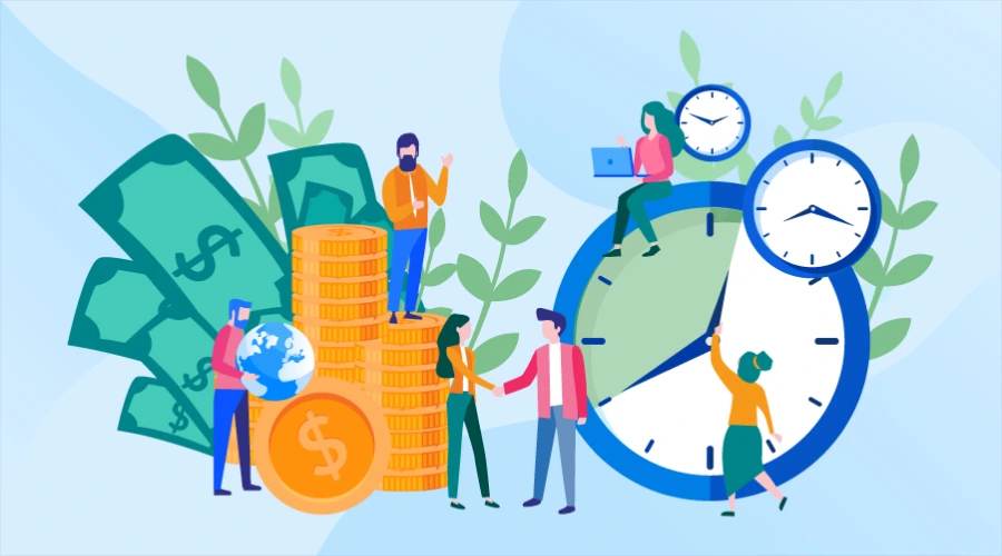 Faster Time to Market - WeeTech Solution Pvt Ltd Team members collaborate around a pile of coins and dollar bills beside big clocks, symbolizing time and money management.