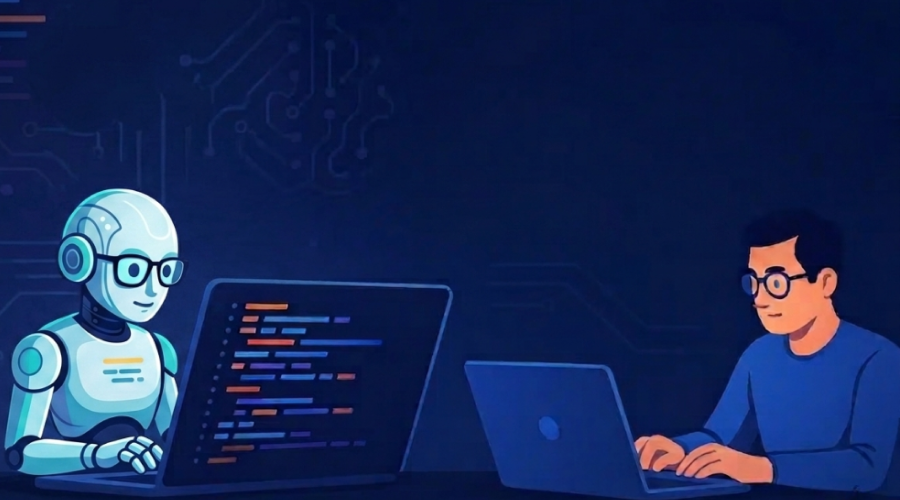 From Code Assistants to Autonomous Agents - WeeTech Solution Pvt Ltd Illustration of a robot and a human programmer side-by-side typing on laptops.