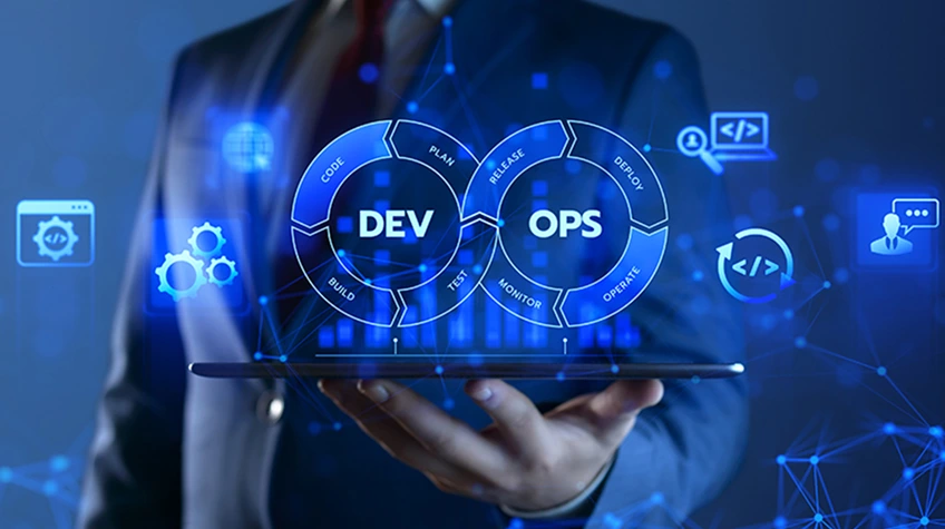 How DevOps is Transforming Software Development - WeeTech Solution Pvt Ltd Glowing blue DevOps infinity loop graphic.