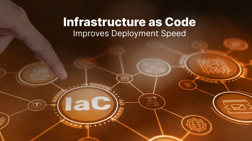 How Infrastructure as Code Improves Deployment Speed - WeeTech Solution Pvt Ltd Graphic displaying a connected network with the text "Infrastructure as Code Improves Deployment Speed" and a finger touching an "IaC" button.