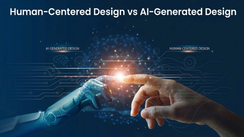 A robotic hand and a human hand touching fingertips with a glowing spark, beneath the title "Human-Centered Design vs AI-Generated Design."