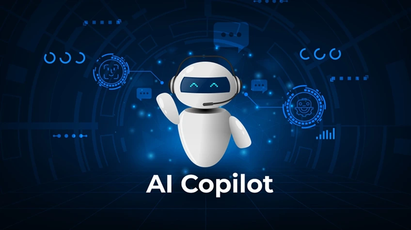Impact of AI Copilots on Modern Software Development - WeeTech Solution Pvt Ltd A friendly white cartoon robot wearing a headset and waving, positioned above the text "AI Copilot" against a dark blue digital HUD background.