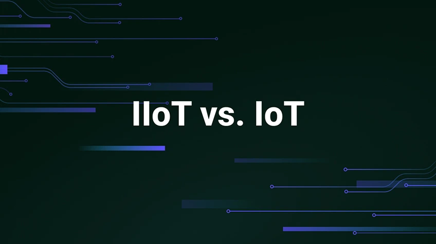 The text "IIoT vs. IoT" centered on a dark background with abstract green and blue electronic circuit lines.