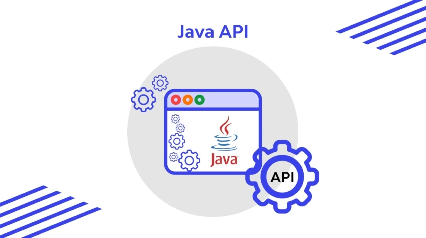 "Java API" title graphic featuring a Java logo window and gears.