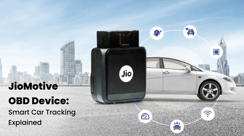 JioMotive OBD Device Smart Car Tracking Explained - WeeTech Solution Pvt Ltd A black JioMotive OBD device positioned next to a white car with digital tracking icons and explanatory text.