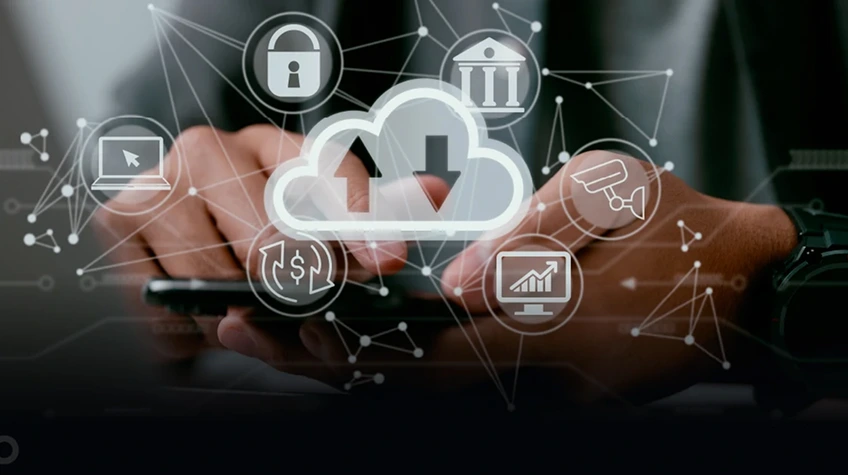 Hands using a mobile device, overlaid with connected digital icons for a cloud, security lock, banking, and data charts.