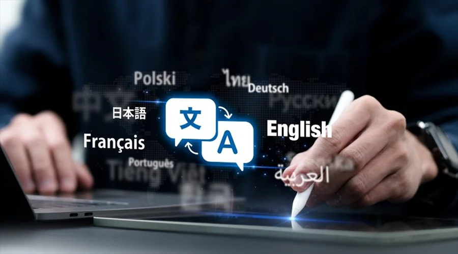 A hand using a stylus near a digital translation icon surrounded by multilingual text.