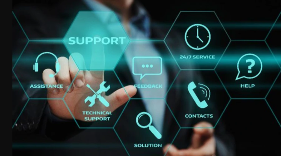 Maintenance and Support - WeeTech Solution Pvt Ltd A person's hand interacting with a glowing digital interface displaying customer service options, centered around a prominent hexagon labeled "SUPPORT."