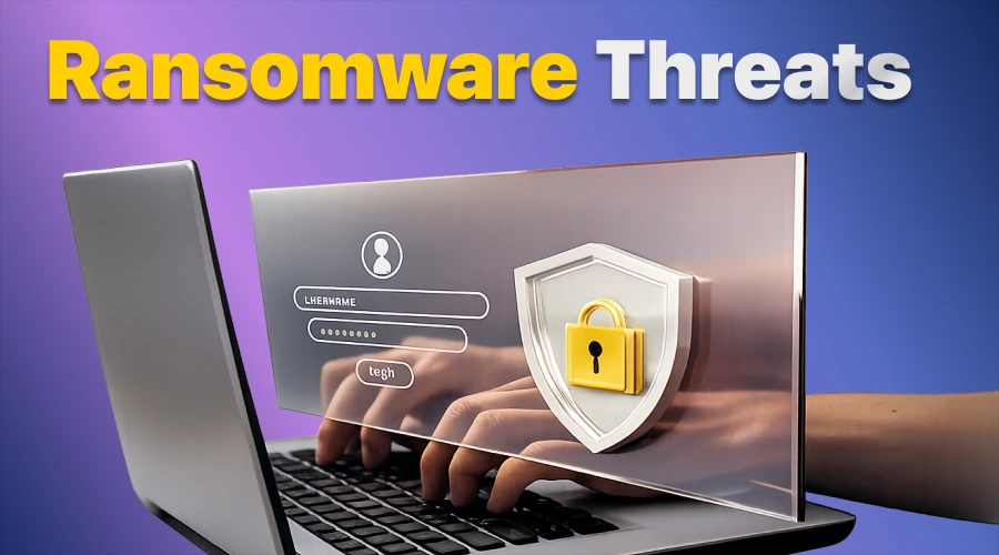 Ransomware Threats - WeeTech Solution Pvt Ltd A close-up of hands typing on a laptop with a translucent overlay graphic showing a padlock icon inside a security shield over a login interface.