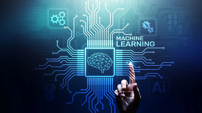 A glowing brain icon on a circuit board microchip with "MACHINE LEARNING" text.