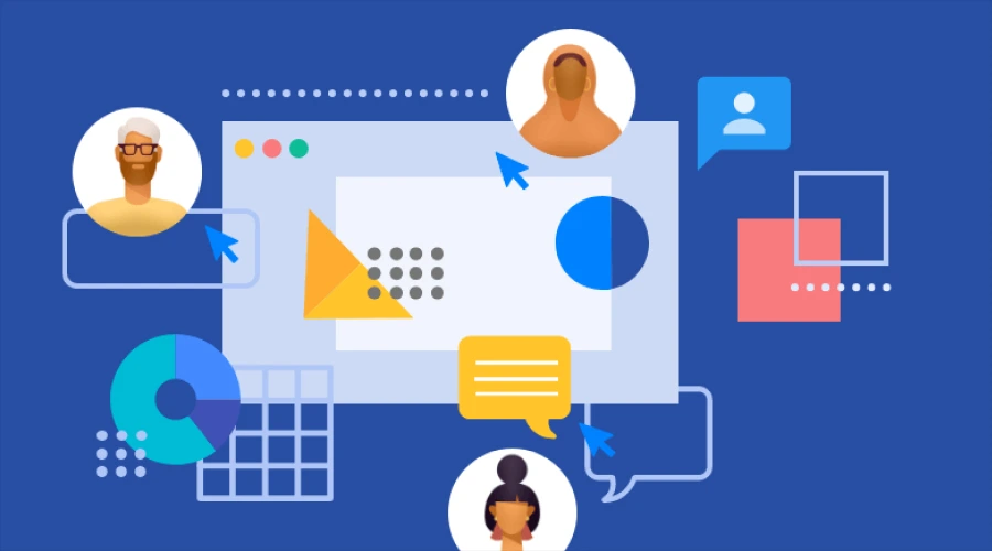 Real-time collaboration features - WeeTech Solution Pvt Ltd An abstract illustration of real-time collaboration features, depicting diverse user avatars, cursors, and chat bubbles interacting on a digital dashboard.