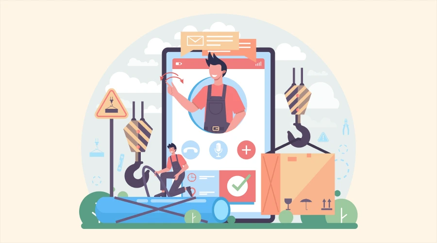 Reduced Maintenance Overhead - WeeTech Solution Pvt Ltd An illustration of maintenance workers and industrial equipment surrounding a smartphone, representing reduced software maintenance overhead.