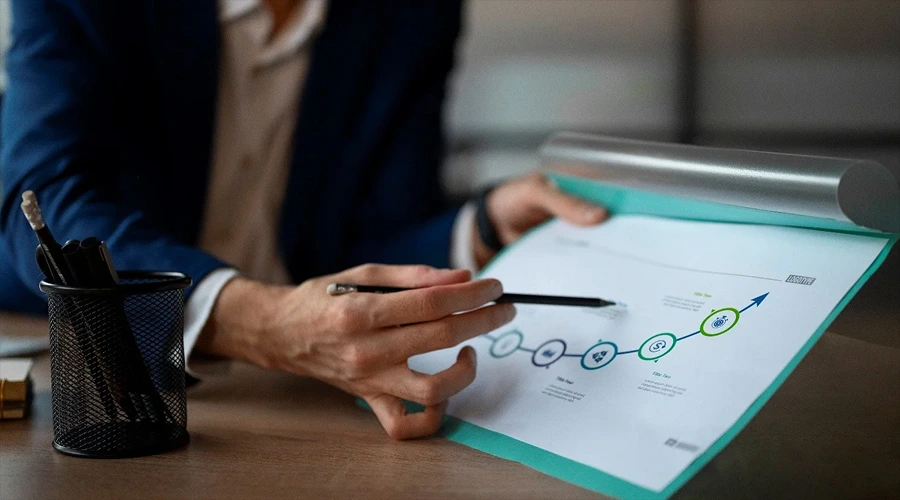 Close-up of a person in a business suit pointing a pencil at a process roadmap or timeline chart on a green clipboard.