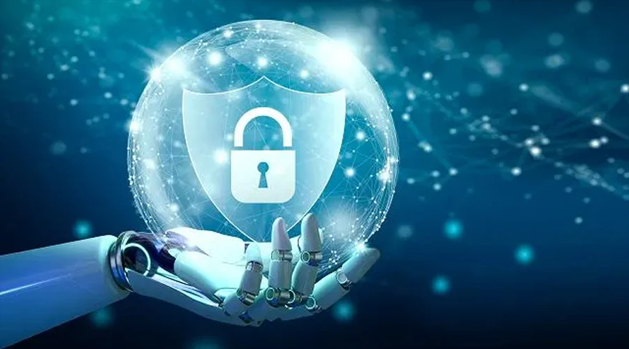 Security and Privacy Concerns - WeeTech Solution Pvt Ltd A robotic hand holding a glowing digital sphere that displays a padlock inside a protective shield icon against a blue tech network background.