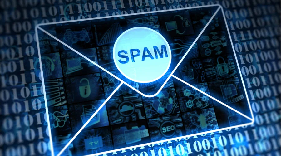 A digital envelope icon labeled "SPAM" over a background of binary code.
