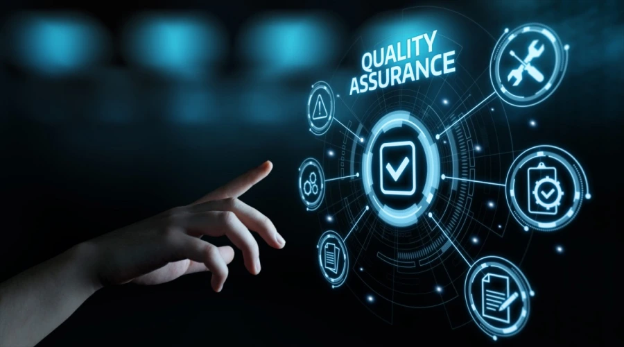 Testing and Quality Assurance - WeeTech Solution Pvt Ltd A hand reaching toward a dark digital interface centered on a glowing checkmark icon and the text "QUALITY ASSURANCE."