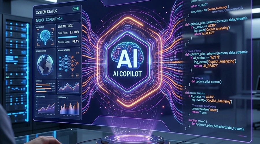 The Future of AI Co-Pilots in Software Development - WeeTech Solution Pvt Ltd A futuristic neon display monitor featuring an "AI COPILOT" brain logo, system performance metrics, and glowing lines of programming code.