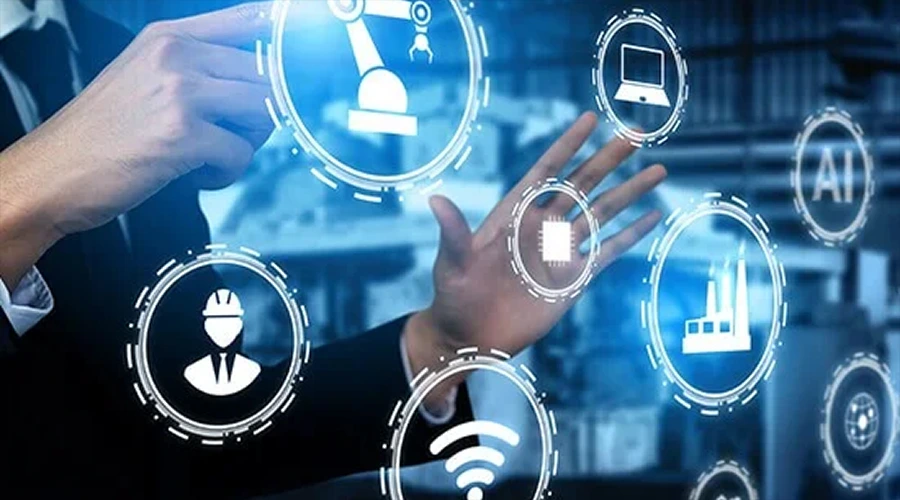 A businessman interacting with floating holographic circles that contain icons for industrial robotics, AI, and factory operations.