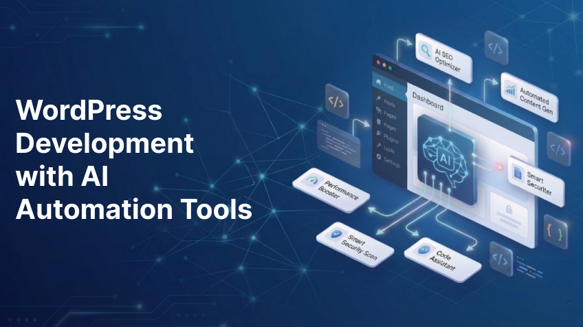 The Future of WordPress Development with AI Automation Tools - WeeTech Solution Pvt Ltd Graphic with the text "WordPress Development with AI Automation Tools" next to an isometric AI dashboard.