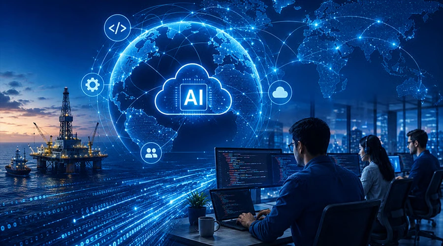 Software developers working at a workstation with coding monitors, below a glowing global network map featuring an AI cloud icon and an offshore platform in the background.