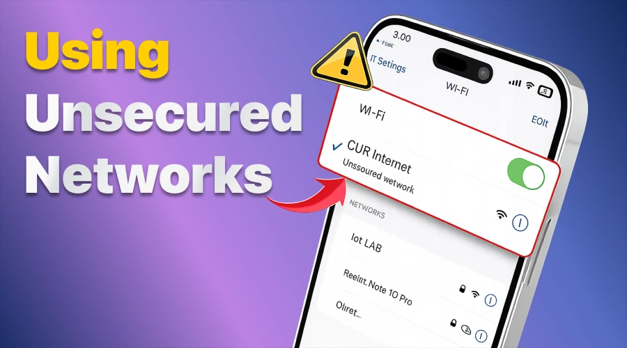 Using Unsecured Networks - WeeTech Solution Pvt Ltd A smartphone screen displaying an unsecured Wi-Fi connection with a yellow warning triangle icon, set against a purple and blue gradient background.