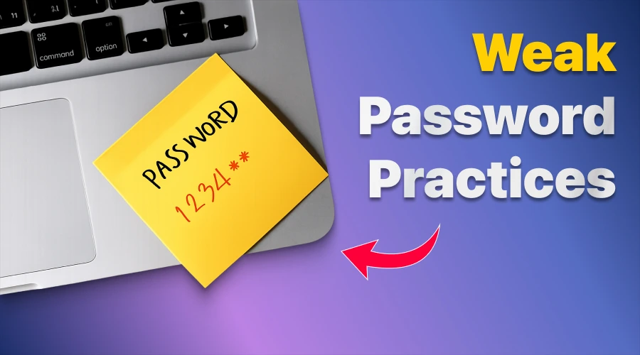 Weak Password Practices - WeeTech Solution Pvt Ltd A yellow sticky note attached to a laptop keyboard displaying a simple numeric password, with a red arrow pointing toward it.