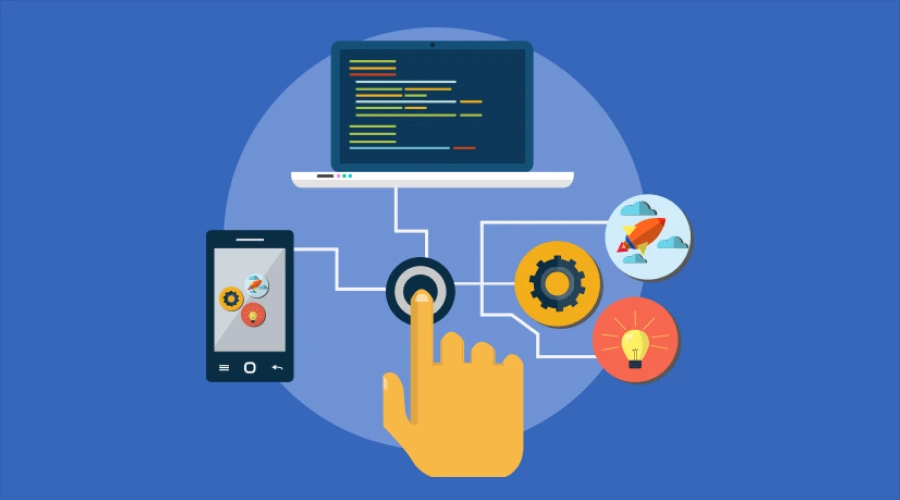 What is a Low-Code Platform_ - WeeTech Solution Pvt Ltd A conceptual graphic of a low-code platform, showing a large hand pressing a central button connected to a laptop, a smartphone, and various workflow icons.