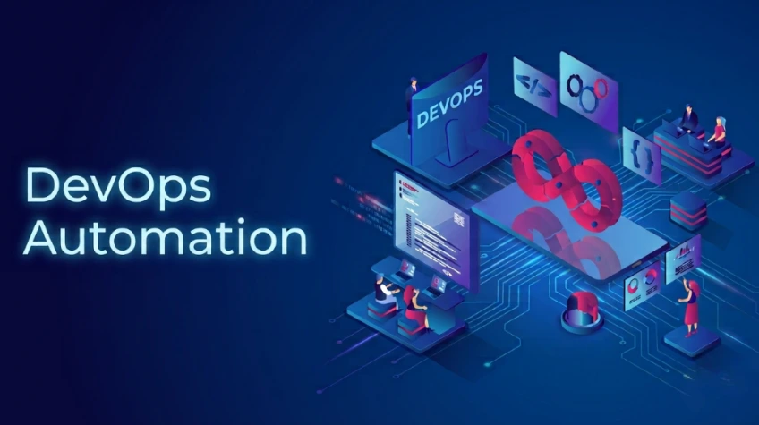 Isometric graphic featuring the text "DevOps Automation" and a red infinity loop symbol.