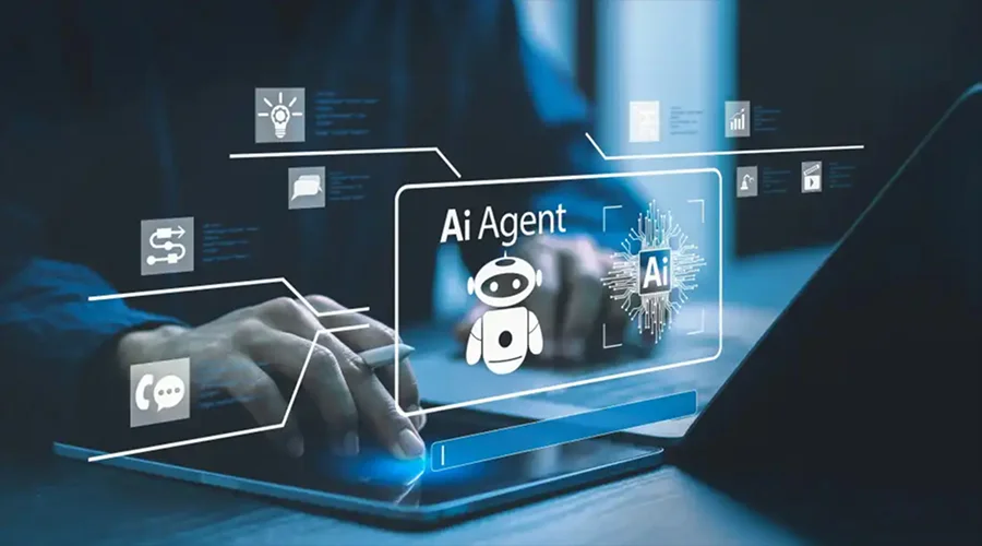 AI Coding and Agent Capabilities - WeeTech Solution Pvt Ltd Person working at a laptop with a futuristic digital interface overlay displaying an "AI Agent" robot icon and connected workflow nodes.